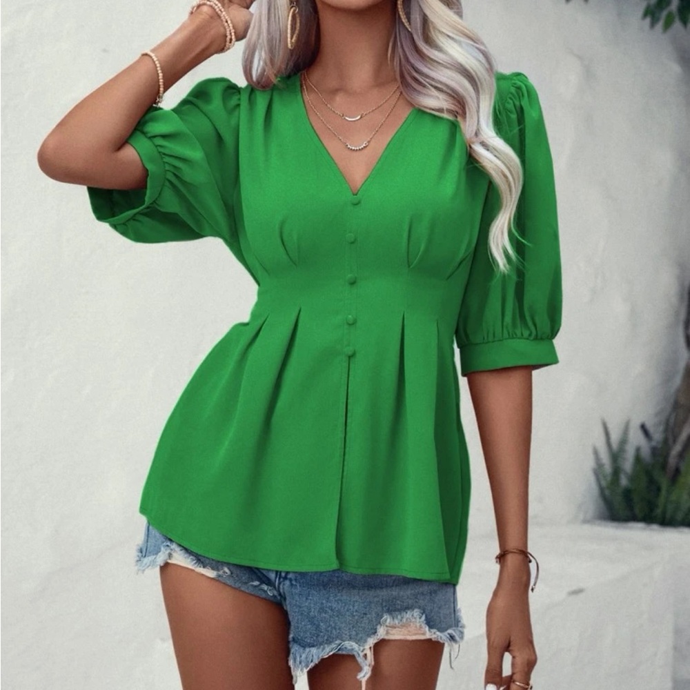 Boho puff sleeve pleated detail blouse